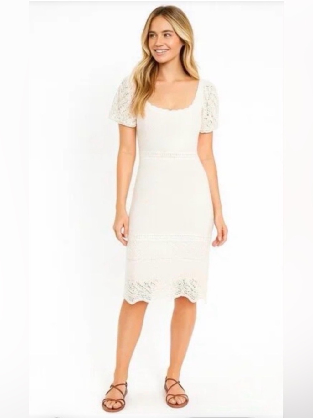 White Crochet-Detail Midi Dress - Women's